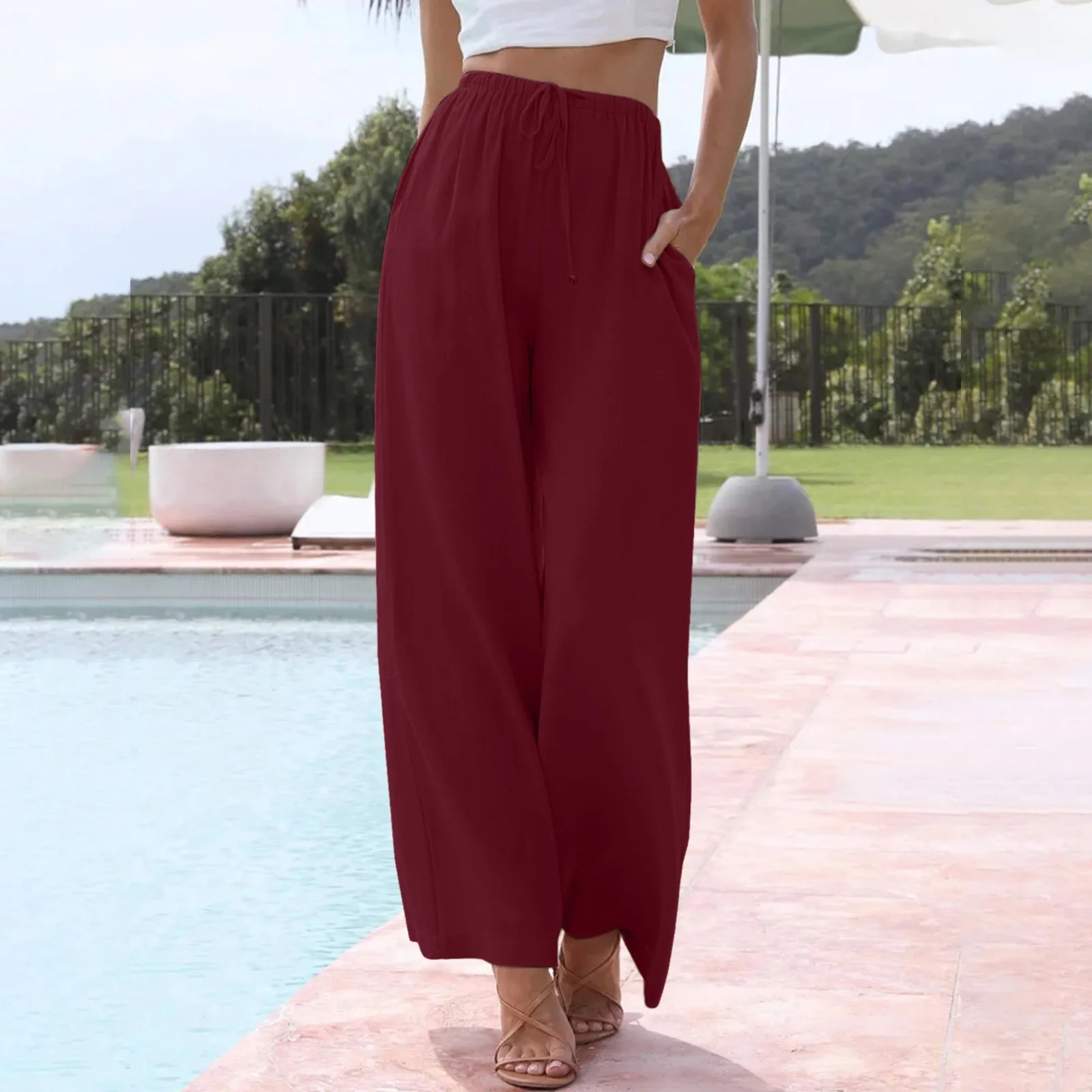 

Women High Waisted Wide Leg Pants Fashion Drawstring Elastic Trousers Comfy Cotton And Linen Wide Leg Pants With Pockets Bottoms