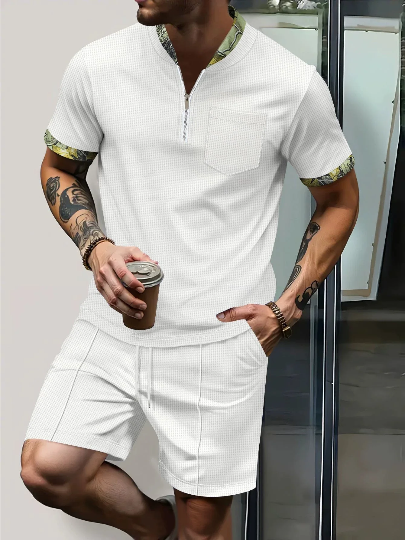 

Men's summer fashion waffle shirts, zipper stand-up collared breathable suits, casual outdoor camping and sports outfits