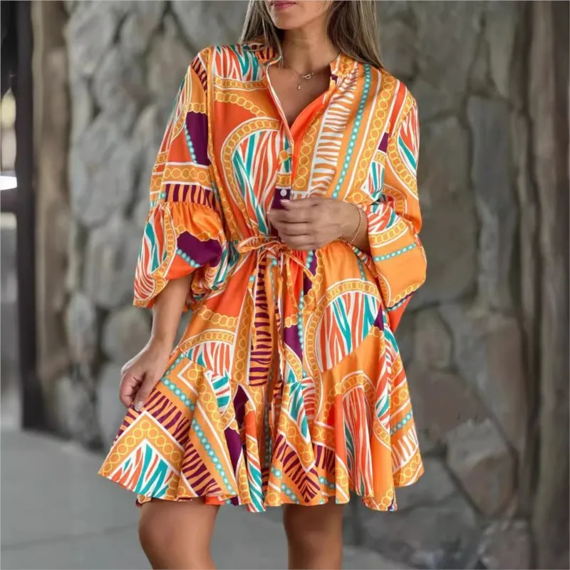 

Boho Beach Holiday Print Dresses For Women 2024 Autumn New Fashion V-neck Long Sleeve Dress Casual Autumn Lace Up Shirt Vestidos