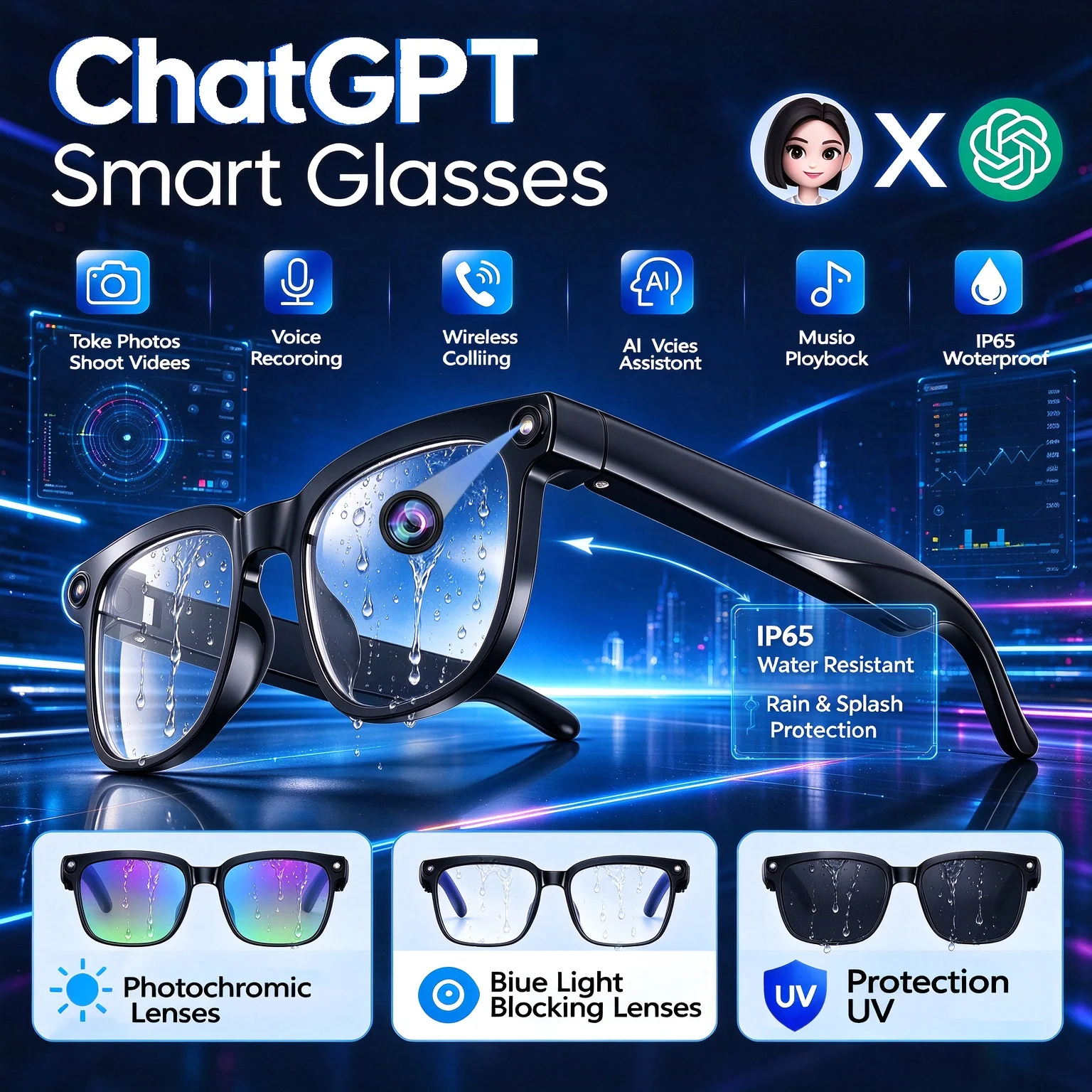 New AI Smart Glasses ChatGPT Taking Photos Recording Making Phone Calls AI Translation IP65 Waterproof Replaceable Various Lense