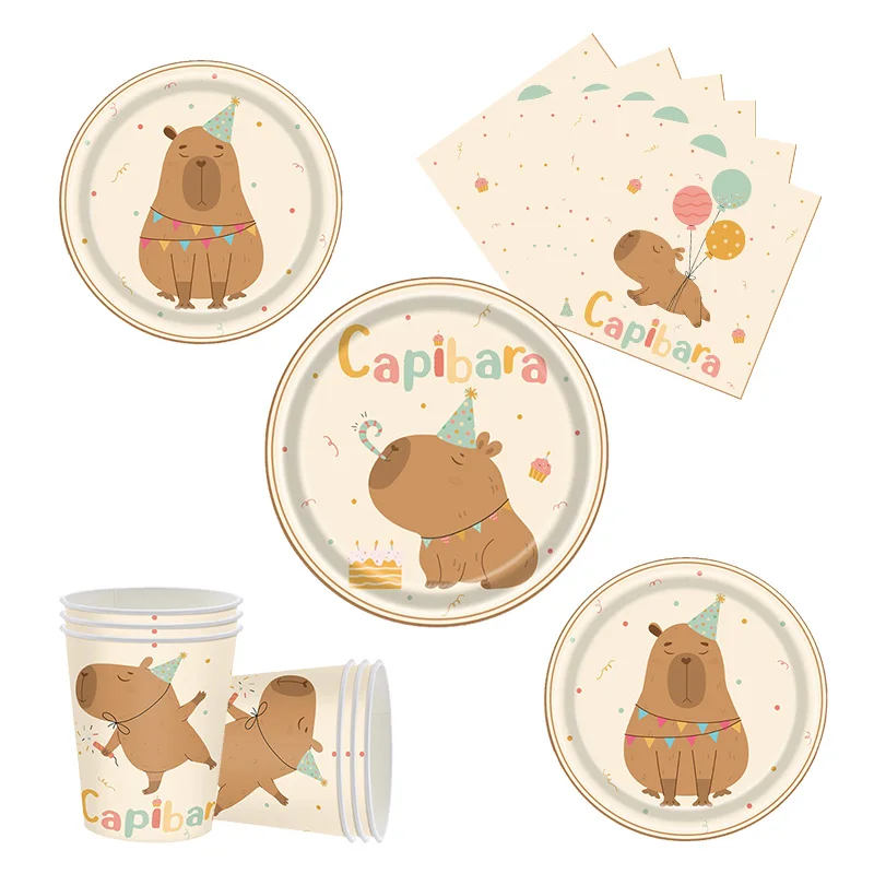 Nouveau Capybara décorations de fête d'anniversaire fournitures dessin animé Capybara assiettes d'anniversaire serviettes tasses nappe vaisselle cadeaux de fête