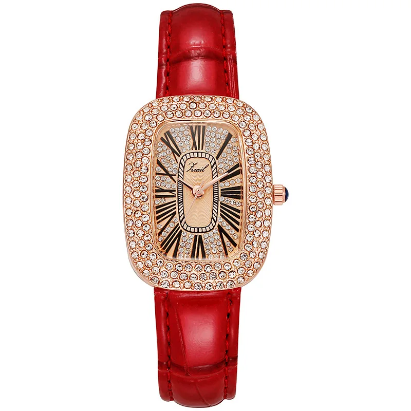 Women's Full Diamond Small Barrel Quartz Watch Featuring Retro Roman Numeral Dial Light Luxury Design with Genuine Leather Strap
