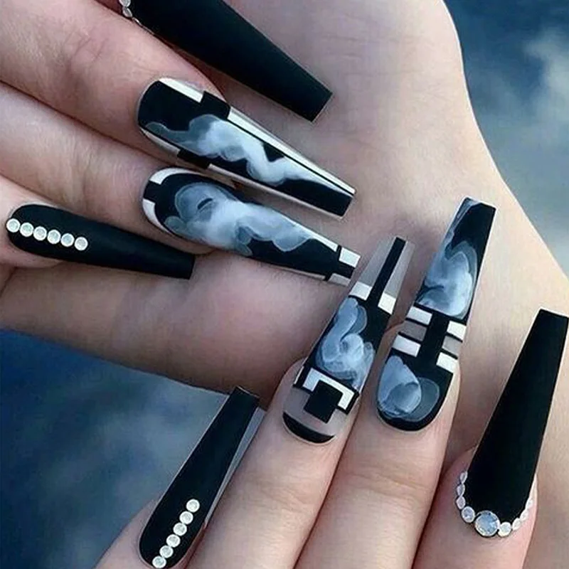 Acrílico 3D unhas postiças longas, Aura de graffiti marmoreado preto, Pontas do caixão com diamante, Faux ongles imprensa, suprimentos para unhas