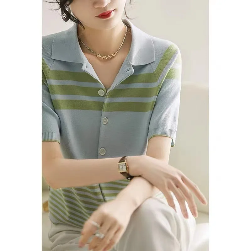 ice silk short sleeve POLO collar stripe cotton thread loose knit cardigan T shirt women\'s summer dress versatile slim top