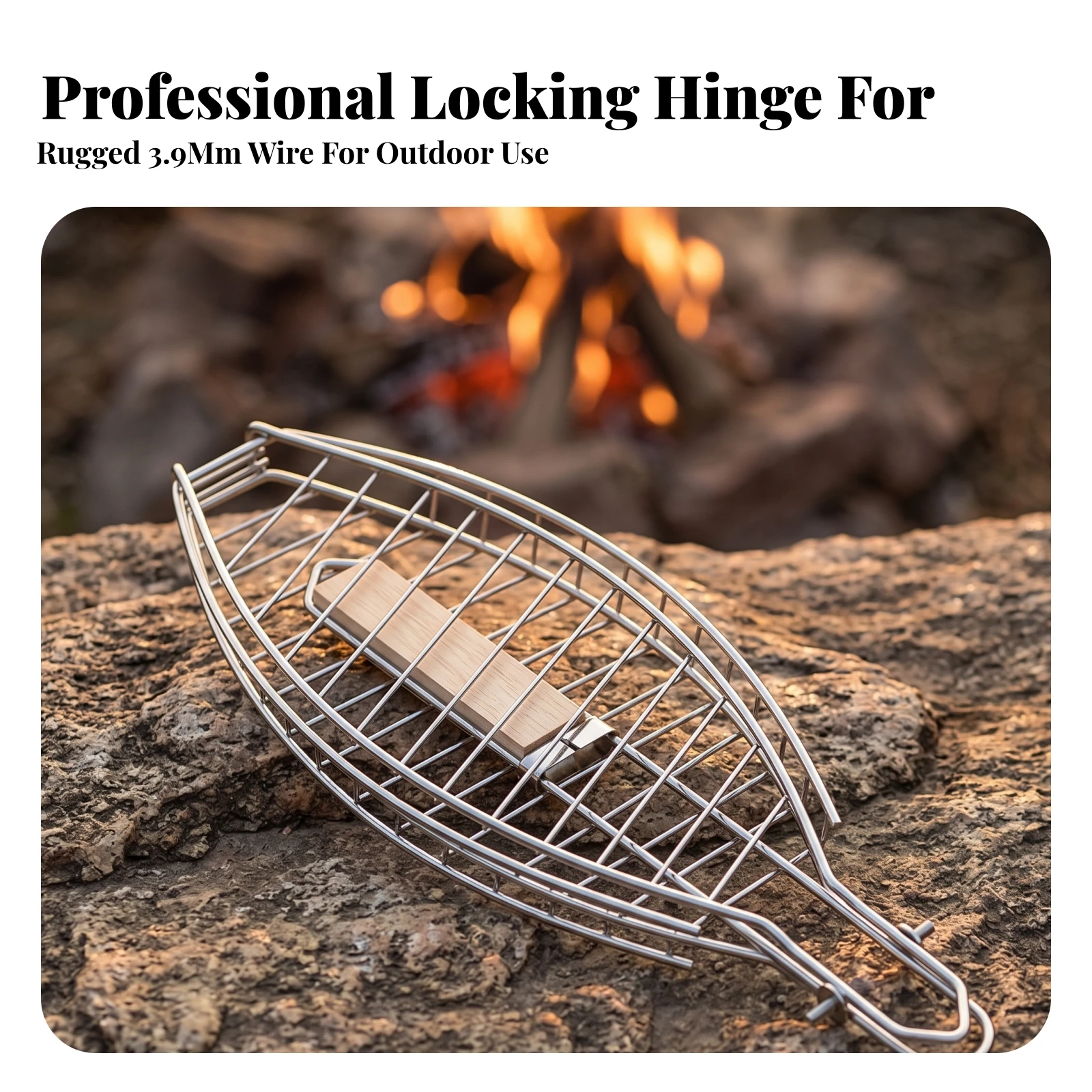 Fish Grill Basket with Wood Handle Chrome-Plated Fish Grilling Basket Cookware Comfortable Grip Heat-Resistant for Campers