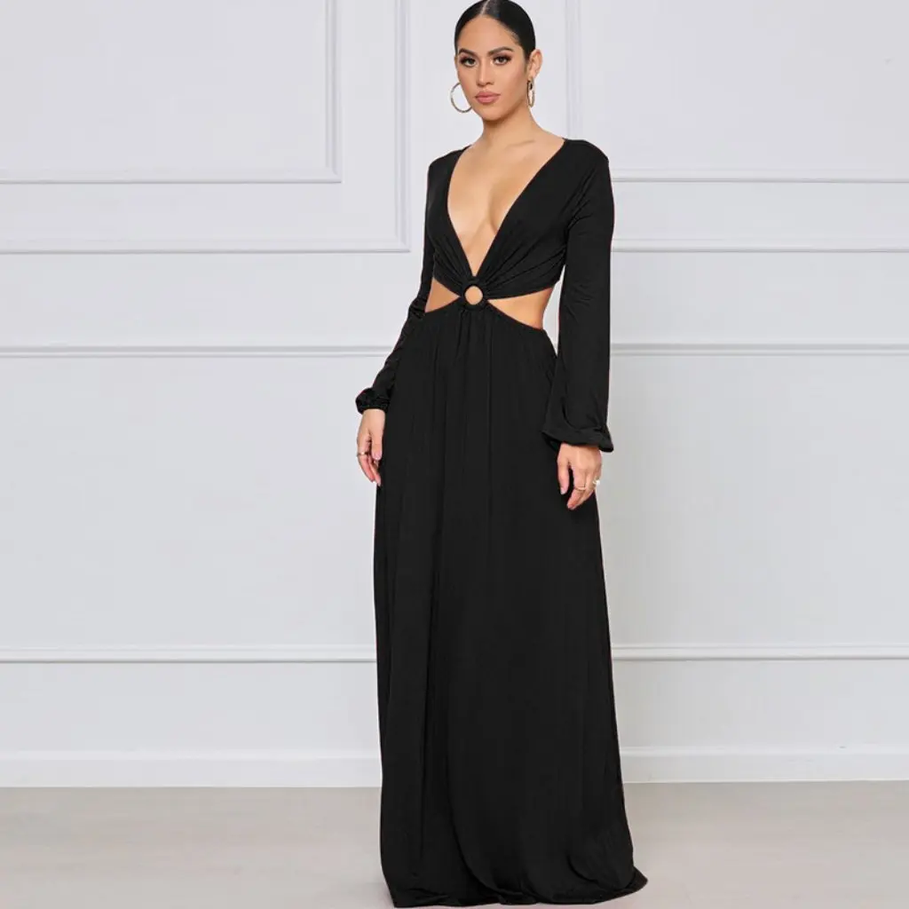 Vestido longo feminino sexy decote em v profundo oco design cor sólida outono inverno novo estilo europeu americano
