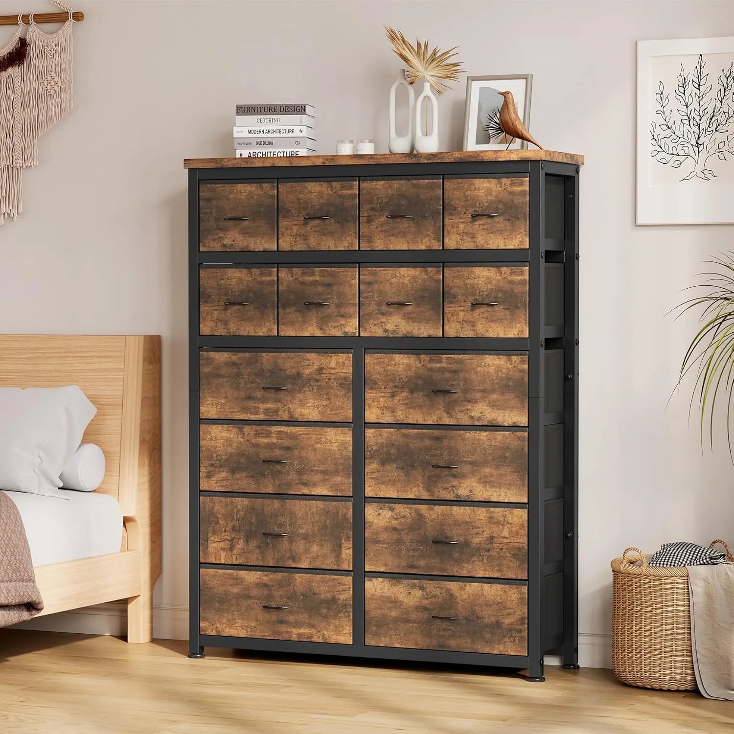 Cómoda Alta para Dormitorio con 16 Cajones y 2 Estantes de Almacenamiento, Cómodas y Cajoneras de Tela para Almacenamiento y Organización