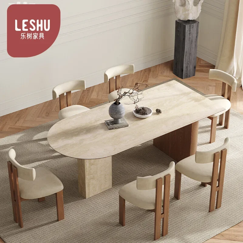 Solid Wood Dining Table Travertine Rock Slab Small Apartment Designer Creative Semi-oval Home Island Dining Table And Chairs