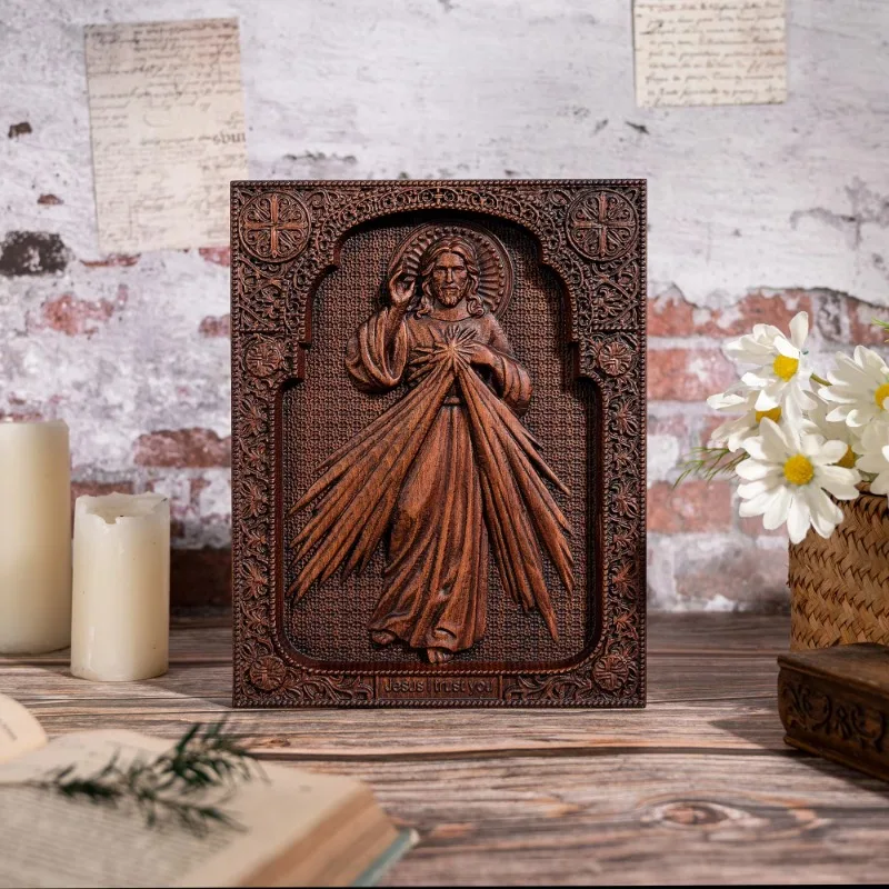 The Sacred Heart and Divine Mercy Jesus Christ Wood Wall Plaque, Catholic Family Prayer, Jesus Image, Religious Decor Ornaments