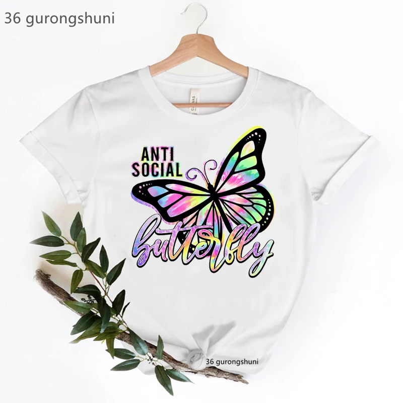 

Rainbow Anti Social Butterfly Graphic Print Tshirt Women Clothes 2022 Casual White Lgbt T Shirt Femme Summer Fashion T-Shirt