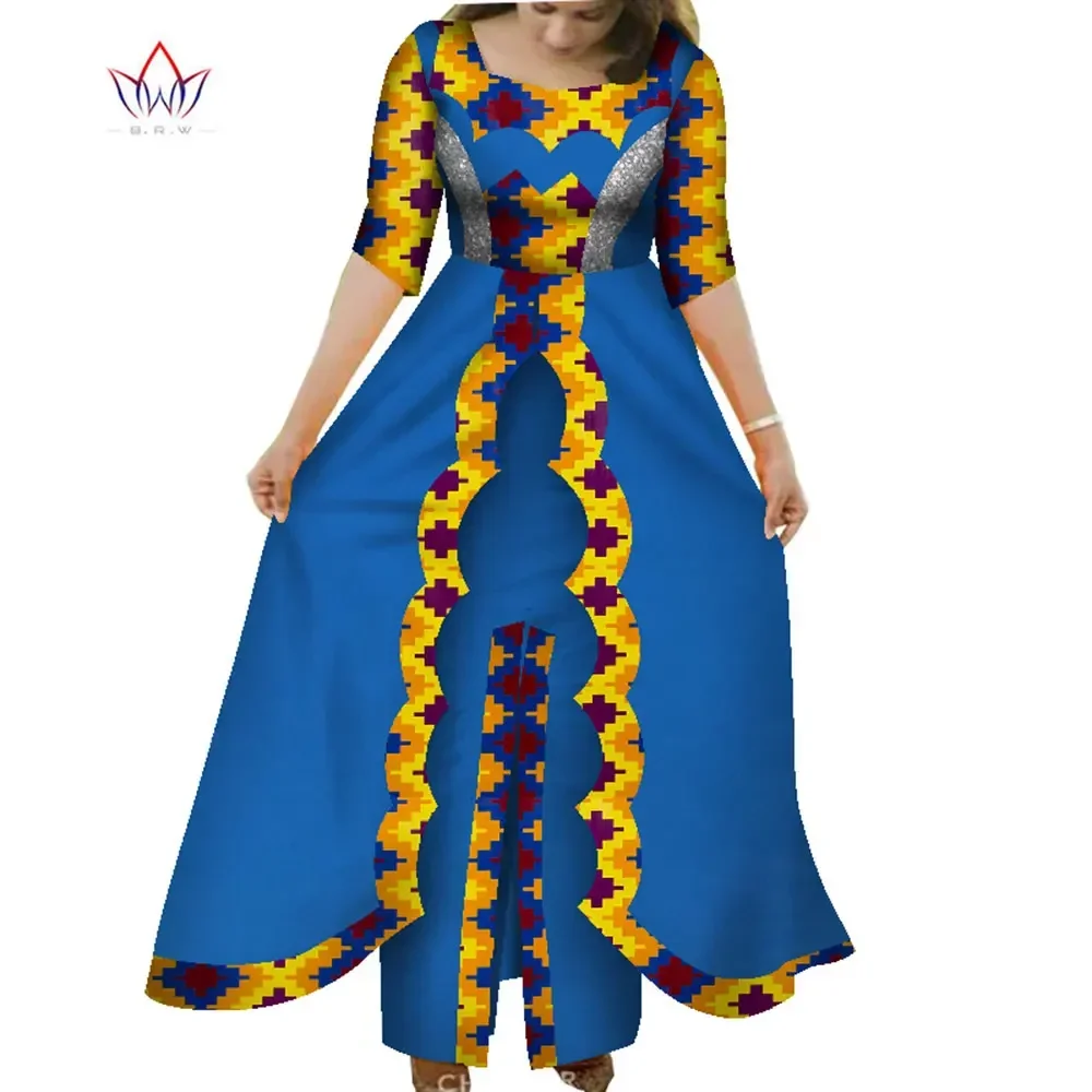BintaRealWax African Dresses for Women Dashiki O-neck 2 Layers Long Skirt Clothing Pachwork Short Sleeve Party Dress WY7961