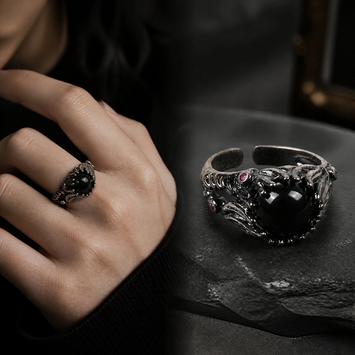 Gothic Vintage Black Dragon Claw Adjustable Rings for Women Men Punk Natural Stone Amethyst Opal Obsidian Witchy Jewelry Gift view 2