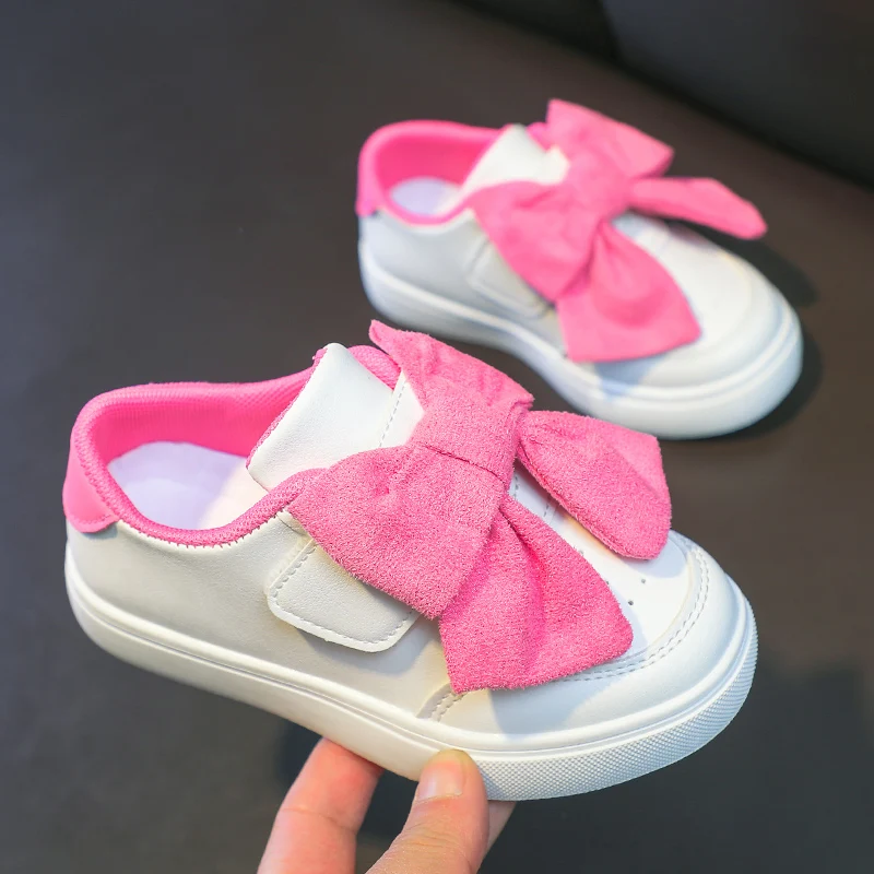 

Little Kids Sneakers for Girls 2026 Spring Autumn Fashion White Skate Shoes Girls Casual Shoes with Big Pink Bow-knot Hot Sale