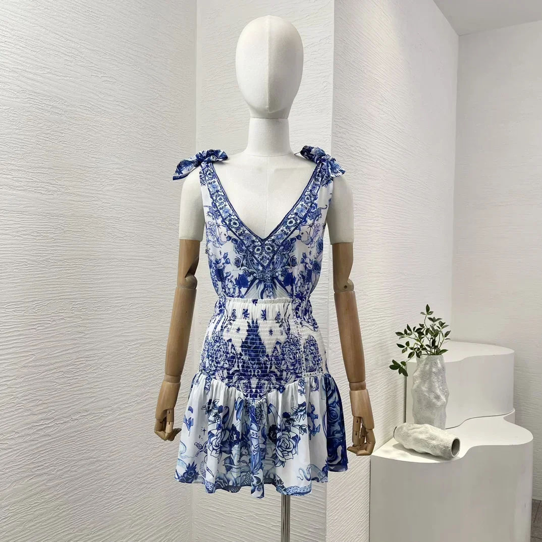 High Quality Women's Pure Silk Blue White Porcelain Color Sleeveless Floral Print Diamonds Deep V Neck Blouse Tops Skirt Set