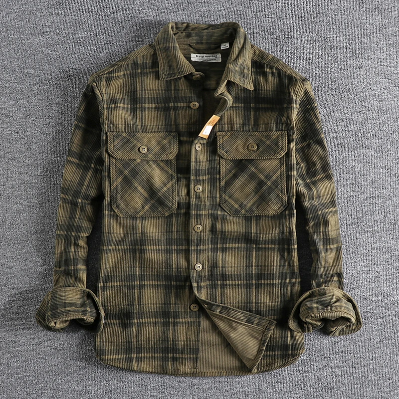 Plaid Woven Corduroy Men Shirts 100% Cotton Spring Autumn Heavy Washed Workwear Blouses Retro Amekaji Western Style Casual Tops