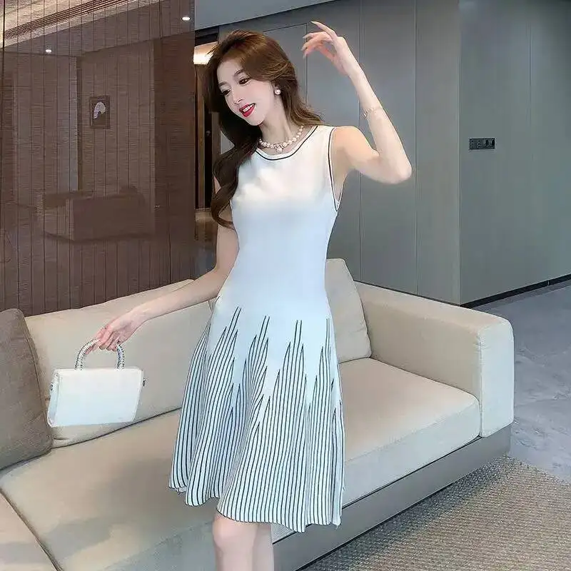 

French Temperament Sleeveless Knitted Women Summer New O-Neck High Waist Slim Casual Office Lady Vest A-Line Dress