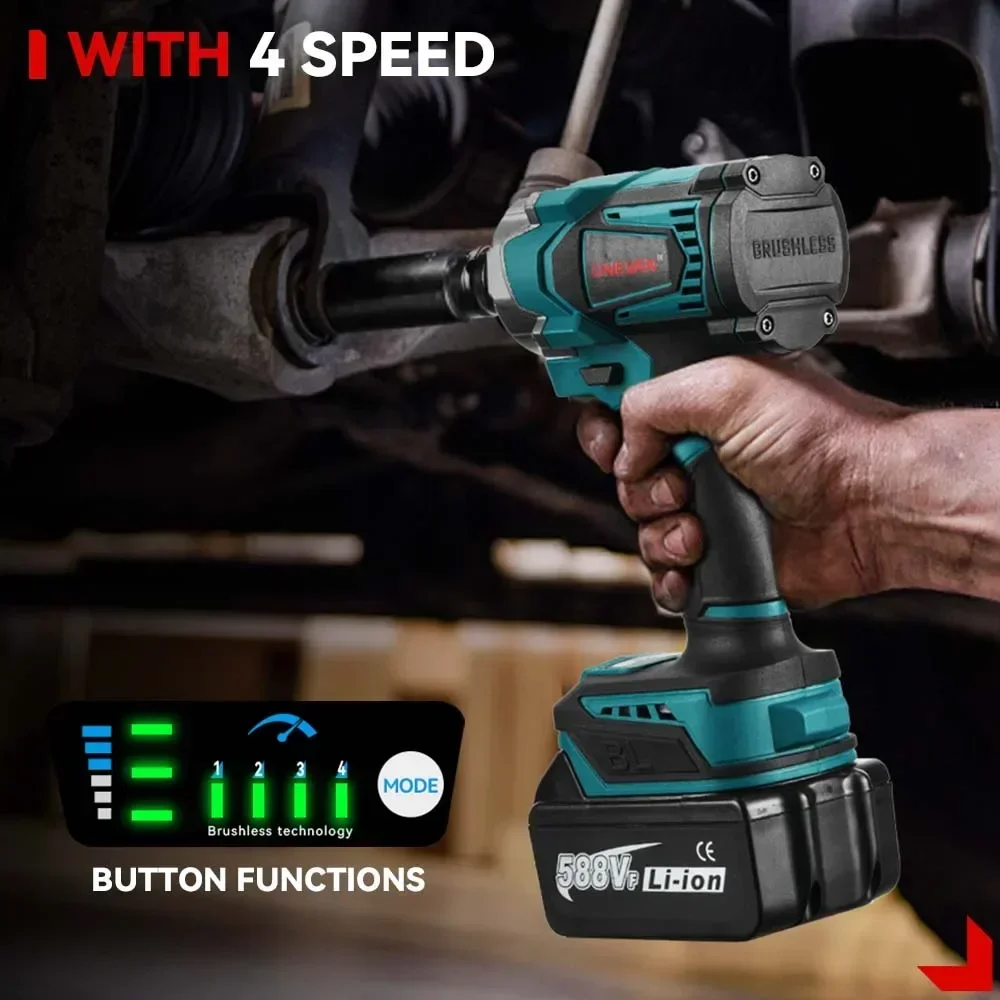 ONEVAN 1200N.M Torque Brushless Electric Impact Wrench 1/2 inch Cordless Wrench Screwdriver Power Tools for Makita 18V Battery