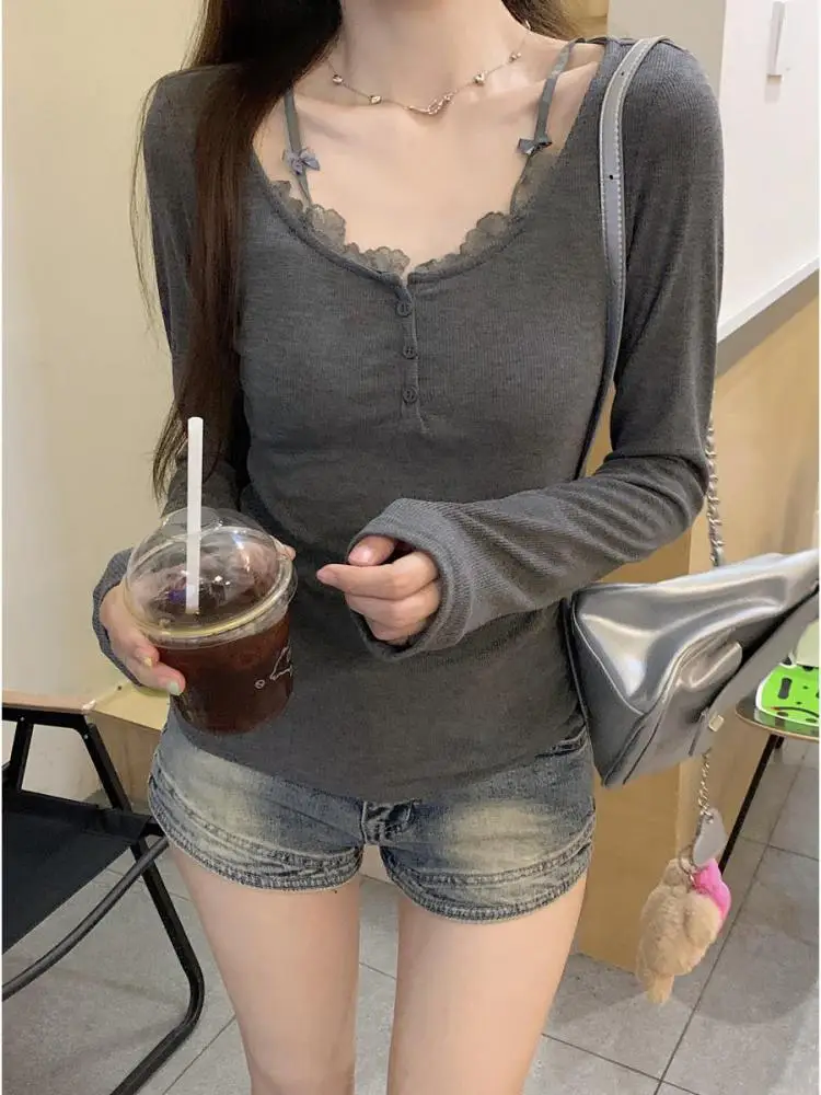 

Autumn Winter White Lace Elegant Single Breasted Knitted Tops Women Gray Long Sleelve Pullover Sweater Simplicity Fashion Casual