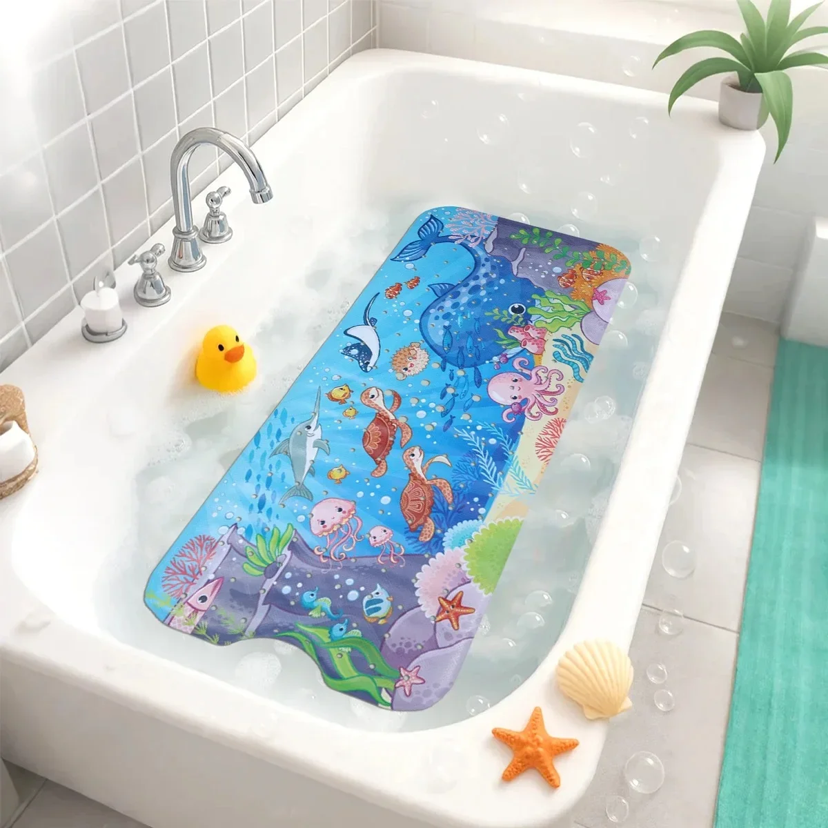 Cartoon extra-long bathtub mat with suction cups and drain holes, 40x100cm.