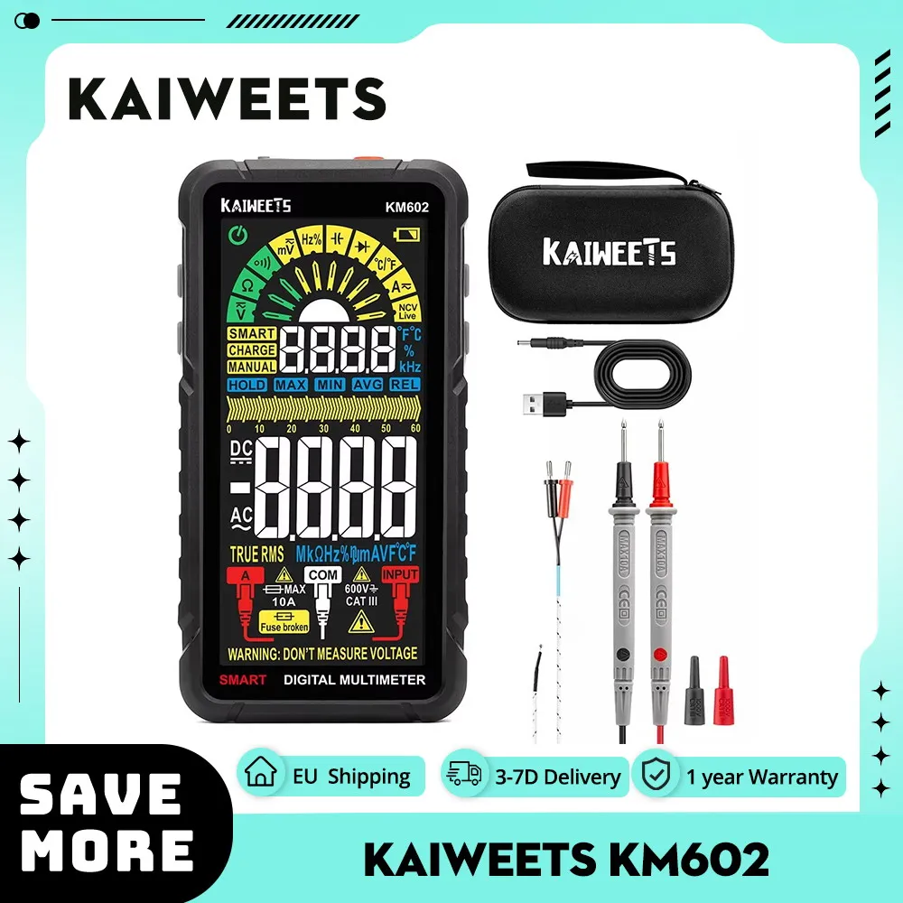 KAIWEETS KM602 Digital Multimeter 6000 Counts True-RMS Meter Smart/Manual Mode 1200mAh Rechargeable Battery Flashlight Auto-Lock