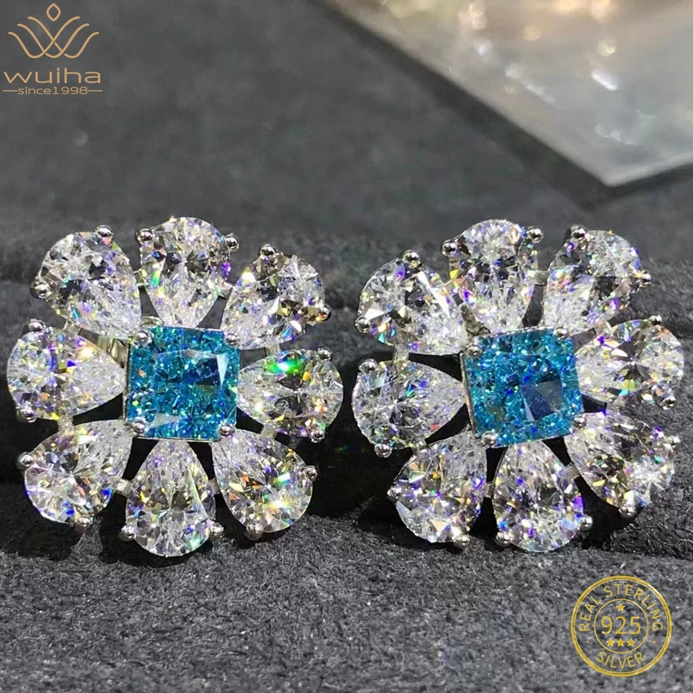 WUIHA 925 Sterling Silver Platinum Plated Crushed Ice 10CT Aquamarine Synthetic Diamond Clip Earrings for Women Drop Shipping