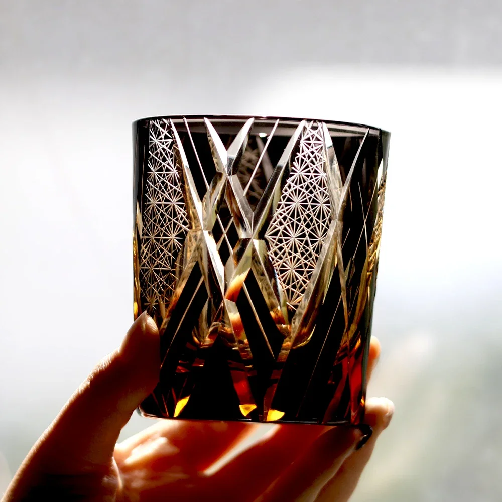 Luxury Hand Cut Whiskey Glass Edo Kiriko Style 8.5 Oz Black Layered Amber Blue for Old Fashioned Bourbon Scotch Home Bar