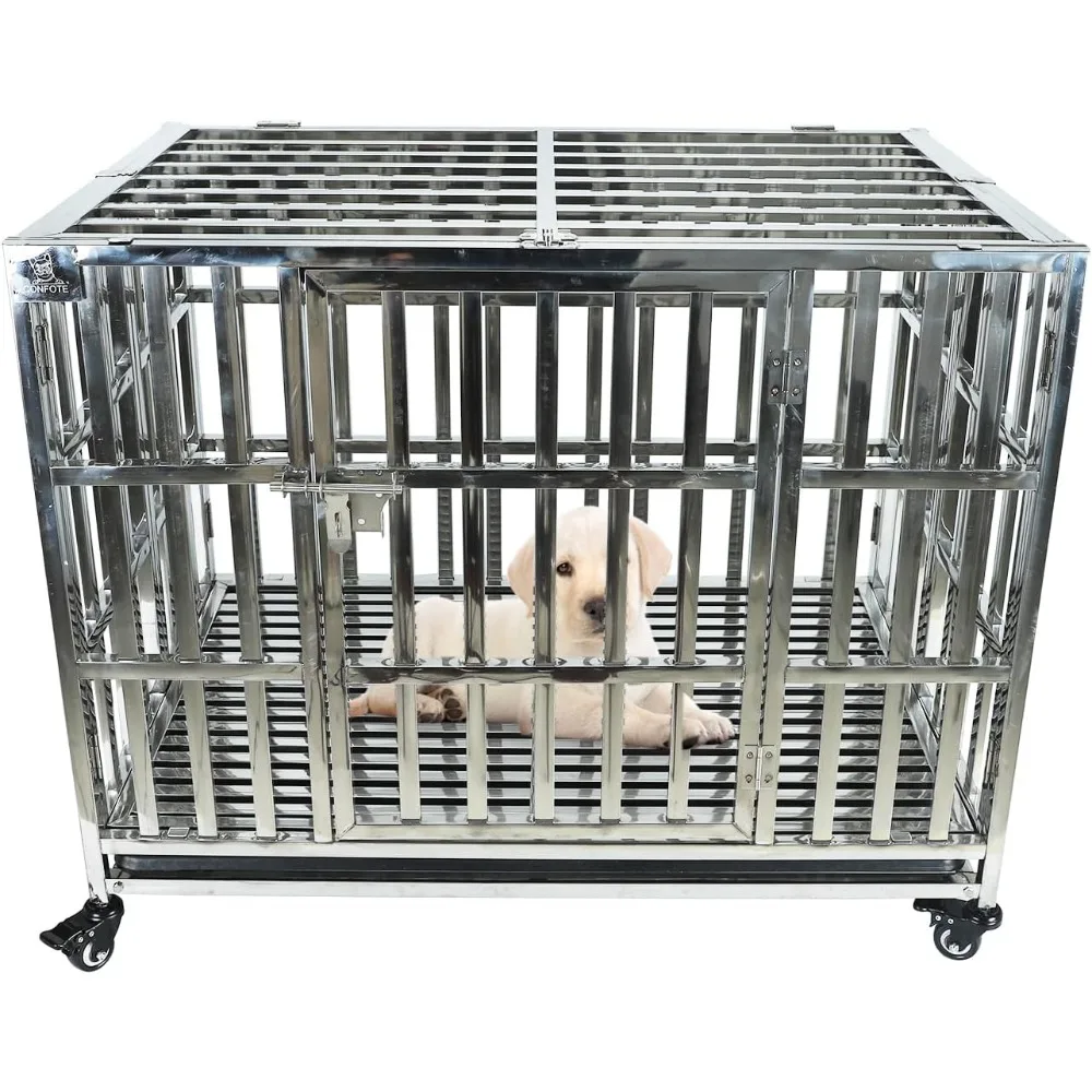 37 Inch Heavy Duty Stainless Steel Dog Cage High Anxiety Indestructible and Escape-Proof Dog Crate Kennel for Small Dogs Indoor