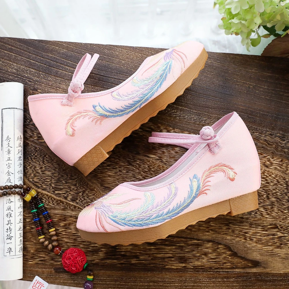 Veowalk 5cm Hidden Wedge Women Cotton Fabric Platforms Shoes Phoenix Embroidered Vintage Ladies Comfortable Shoes