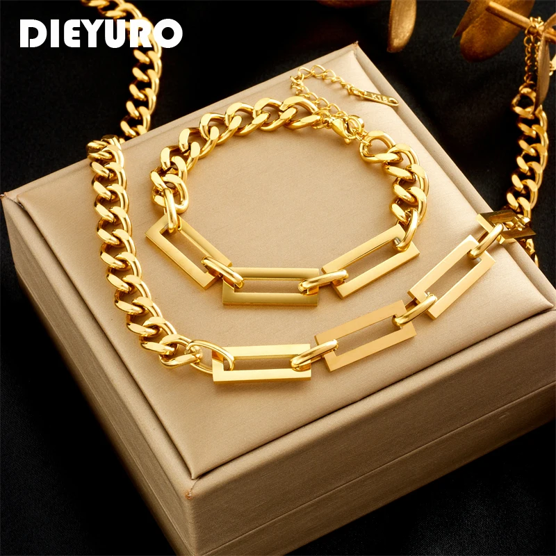 DIEYURO 316L Stainless Steel Gold Color Geometric Chain Necklace Bracelets For Women Girl New Fashion Non-fading Jewelry Set