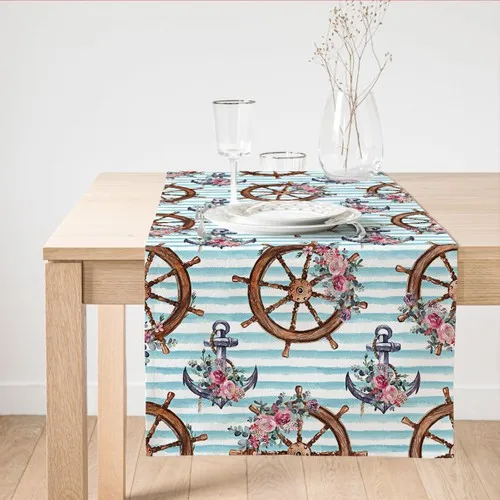 Real Homes Blue Stripe Anchor & Rudder Pattern Digital Printed Modern Suede Runner