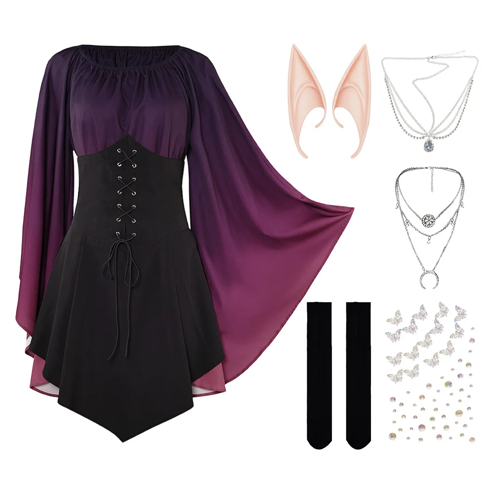 Halloween Medieval Cosplay Corset Dress Renaissance Fairy Elf Viking Cosplay Costumes Women Flare Sleeve Gown Princess Dress