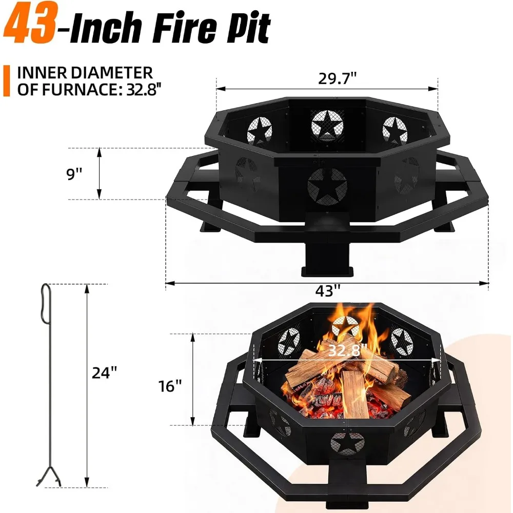 43 Inch Wood Burning Fire Pit for Outside, Octagonal Firepit with Poker for Camping Patio Backyard