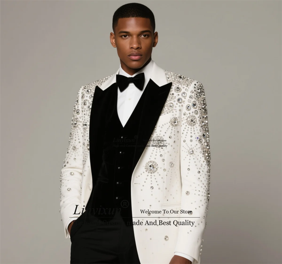 

Sparkly Diamond Crystals Tuxedos Men Suit 3 Pieces Sets Groom Male Prom Blazers Slim Peaked Lapel Customized Wedding ropa hombre