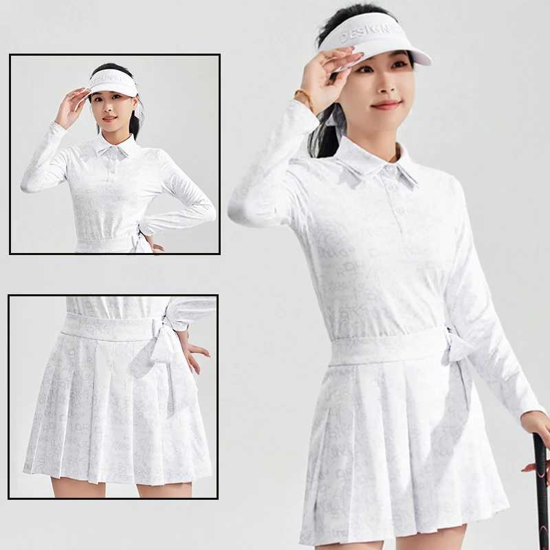 DK Golf Women Spring Pleated Skirt Printed Long-sleeved Golf T-shirt Lady Polo Collar Golf Tennis Shirts High Waist Sports Skort