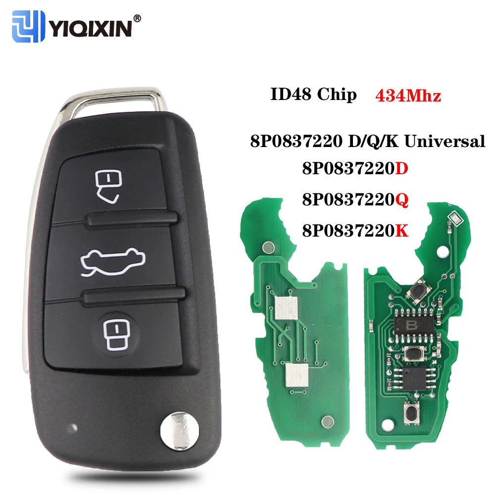 YIQIXIN-chave universal do carro da aleta, microplaqueta ID48, Audi A3, A4, A2, A6, A5, B8, S3, S4, TT, Cabrio Quattro, Avant, 8P0837220D, Q K, 434MHz