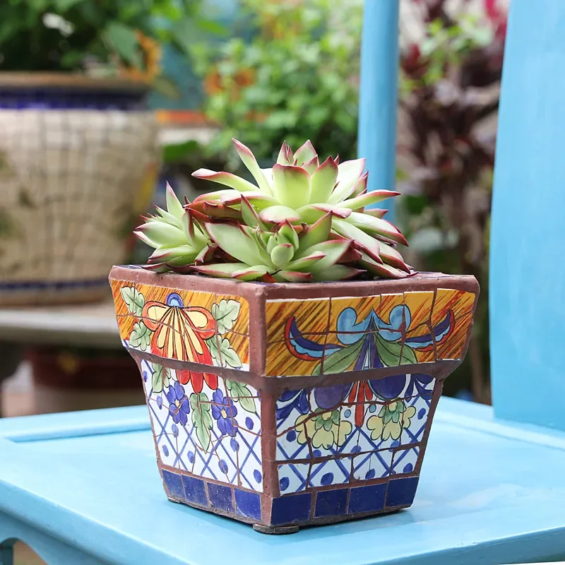 Creative classic Mexican green plant flower pot square pot with holes, painted ceramic mosaic process