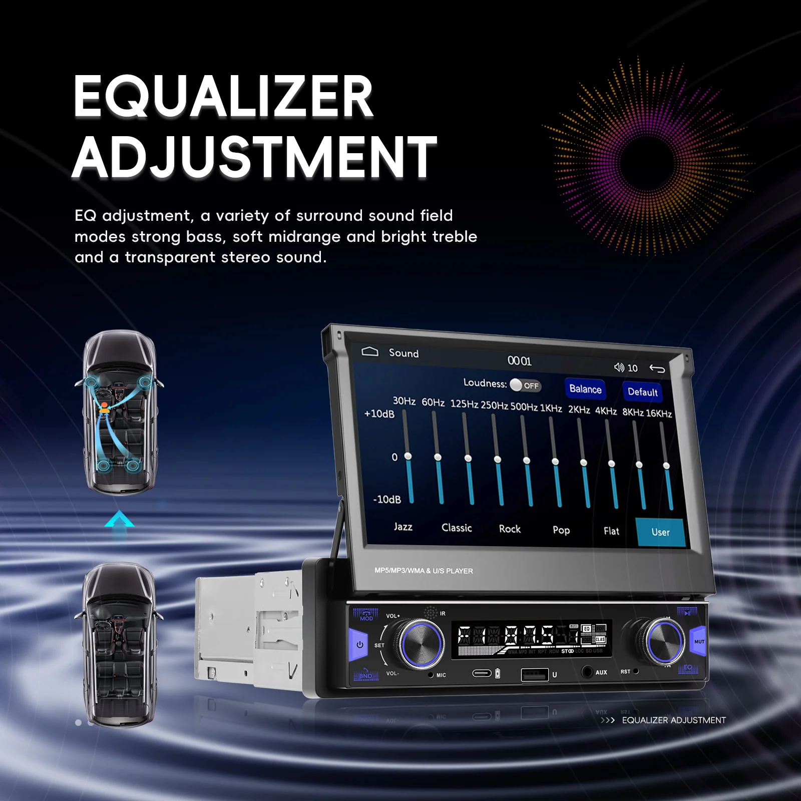 Hikity 7 بوصة One DIN سيارة الوسائط المتعددة MP5 راديو تلقائي يدعم CarPlay، Andriod مشغل صوت تلقائي شاشة لمس قابلة للسحب BT، FM