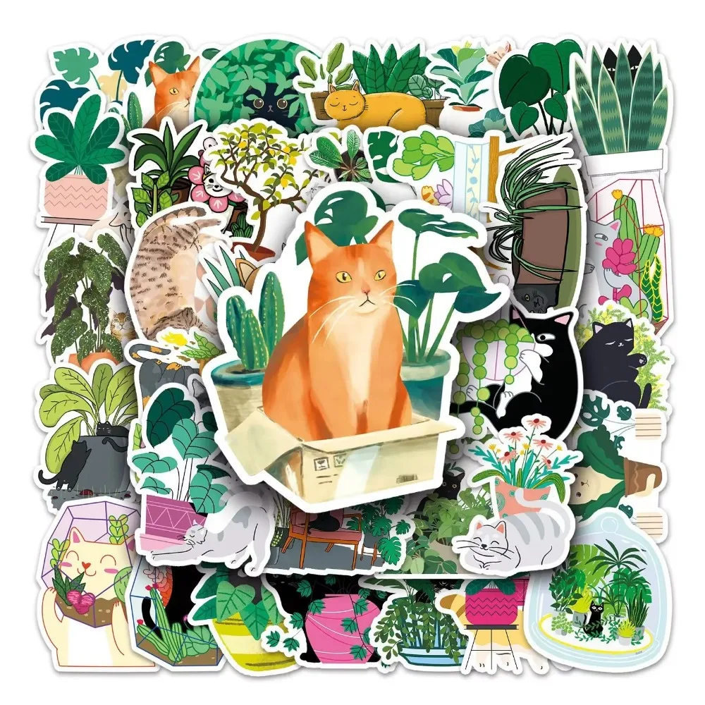 50PCS Cat and Plant Graffiti Sticker Decorative Suitcase Motorcycle Mobile Phone Refrigerator Guitar Waterproof