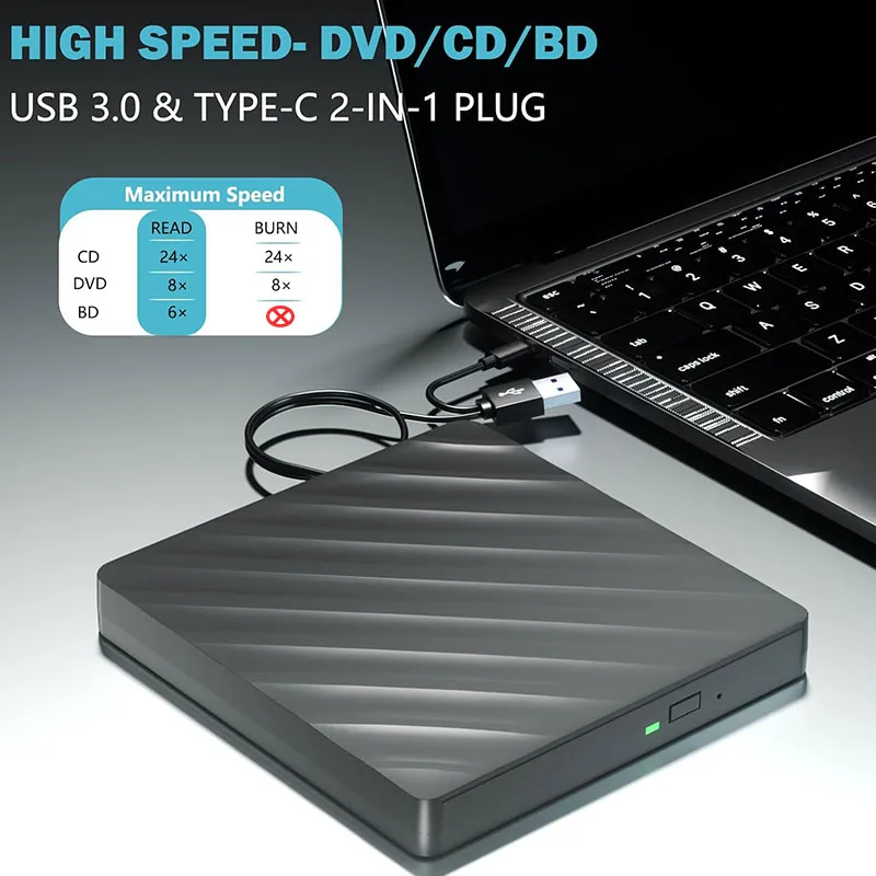 5-in-1 External Bluray Drive USB3.0 Type-C BD-Combo Optical Drive CD DVD Player Reader Burner for Laptop PC Windows 11 10 Mac