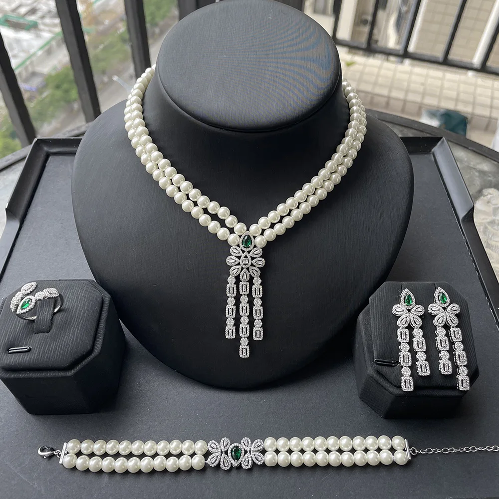 

New Trendy Pearl Tassel 40cm Necklace Earring 4PCS Jewelry Set For Women Wedding Party Full Zircon Dubai Bridal Jewelry Set Gift