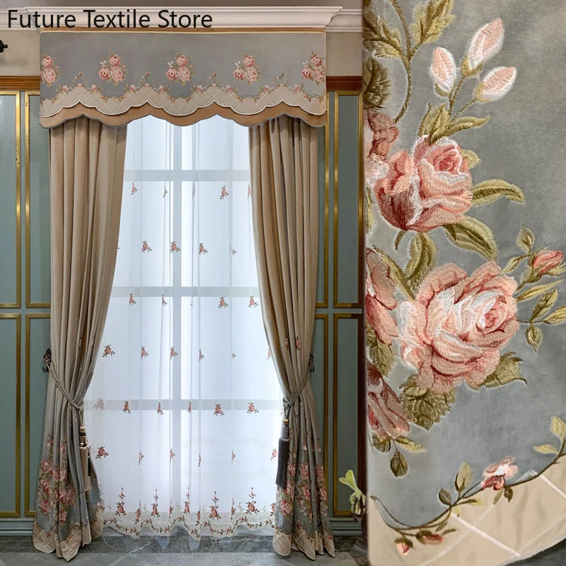 

Light luxury French romantic pastoral curtains for living room bedroom villa high window floor-to-ceiling window customization