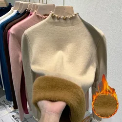 Half High Collar Wavy Edge Imitation Mink Velvet Slim Inner Top All-match Soft Long Sleeve Pullover Sweater Women Casual Knitted