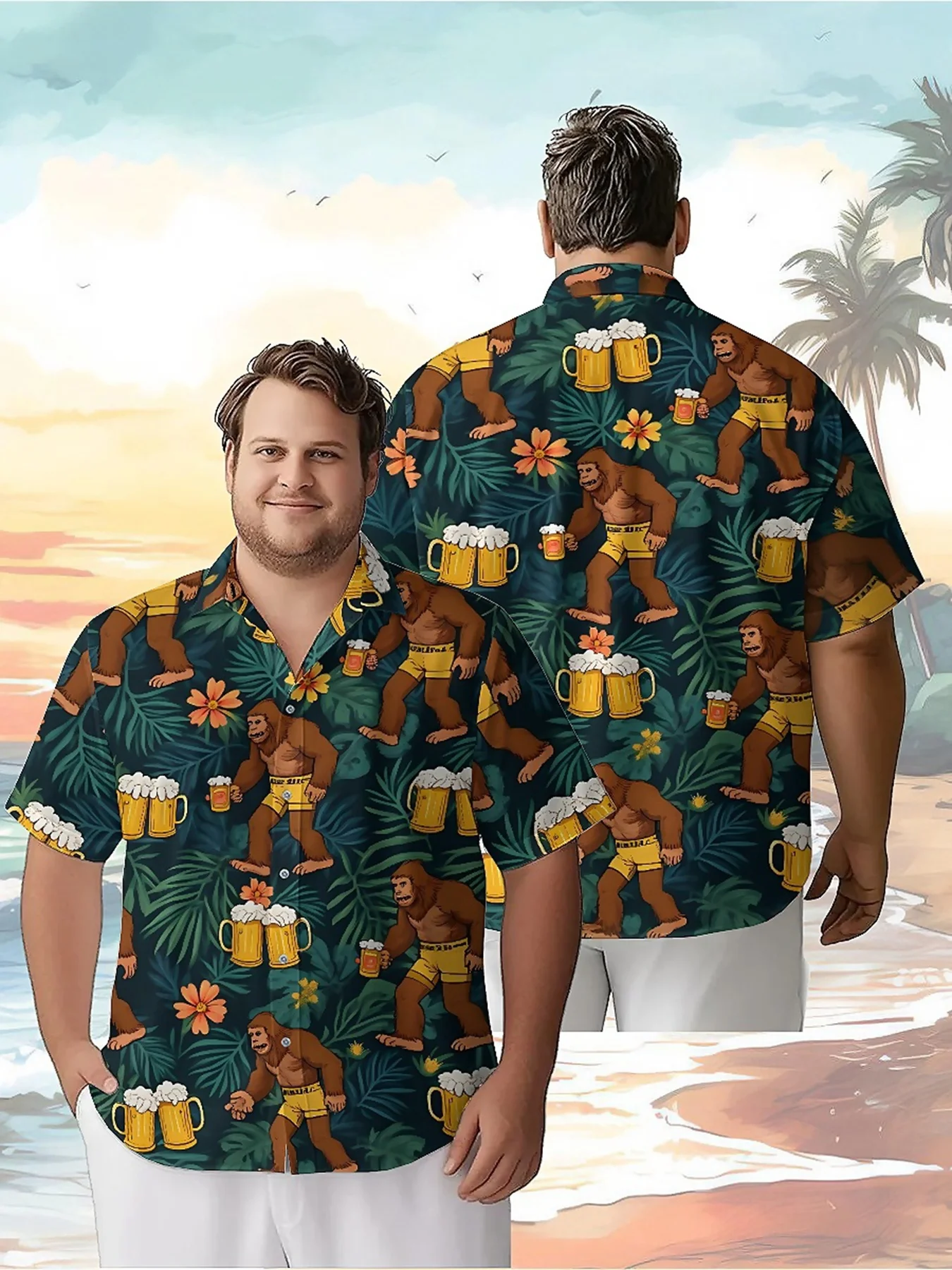 

Men's Plus Size Hawaiian ShirtsSasquatch and Beerpattern, Fashionable Aloha Shirt, Summer Casual Top,3D Unisex Clothes