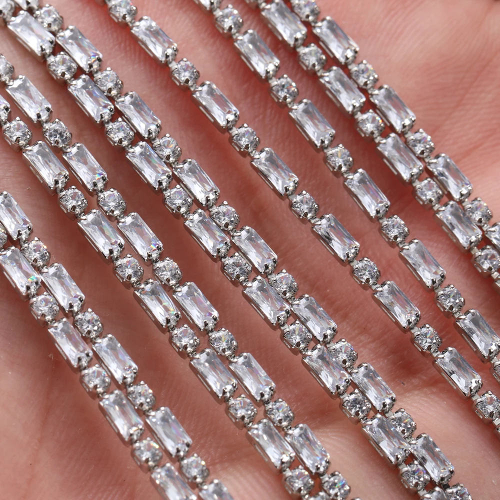1 Yard Silver Base Rectangle Zirconia Cup Chains Glitter Zircon Rhinestone Trims For Necklace DIY Zircon Chains Dress Decoration
