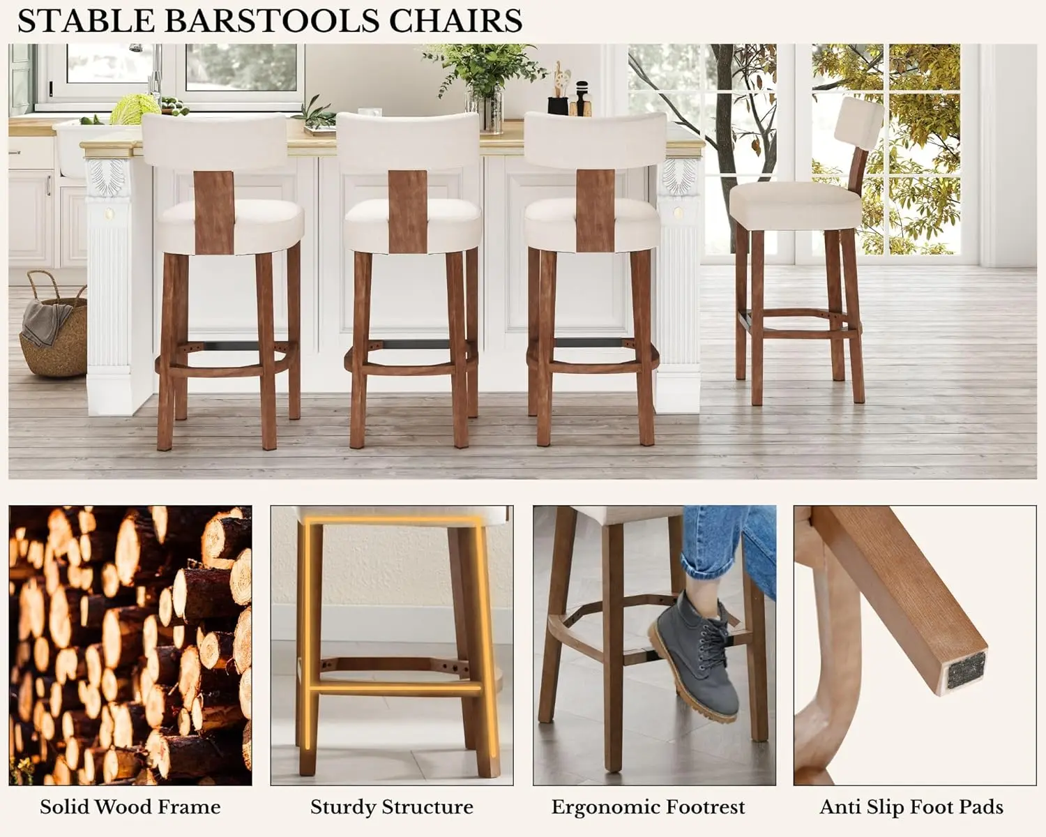 مجموعة مقاعد بار طويلة جدًا مقاس 30 بوصة مكونة من قطعتين، ومقاعد مضادة بدون ظهر من الخشب الريفي الحديث، ومنجدة من الكتان البيج، وكراسي جزيرة المطبخ