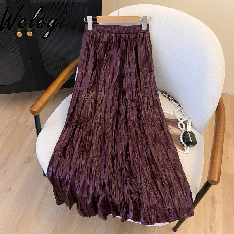 Wine Red Texture Pleated PU Leather Skirt Women's Autumn Fashion Elastic High Waist Hanging Pleat A-shaped Long Skirts Female