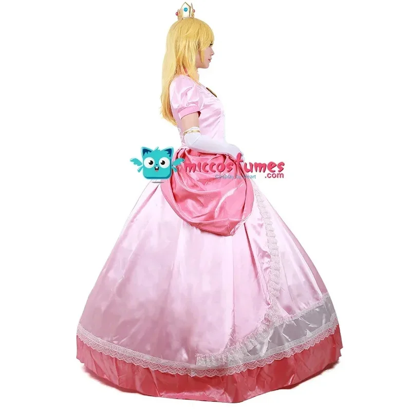 25COSMiccostumes adulto Halloween melocotón Cosplay disfraz vestido mujer princesa Cosplay disfraz rosa vestido guante pendientes corona Pett