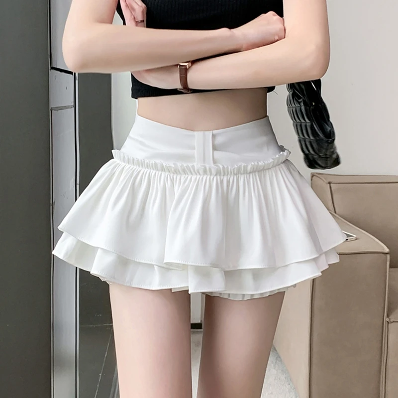 Korean Chic Y2K Sweet White Mini Skirt Women Ballet Style Princess Red Skirt Elastic High Waist Girl's Cake Skirt with Shorts