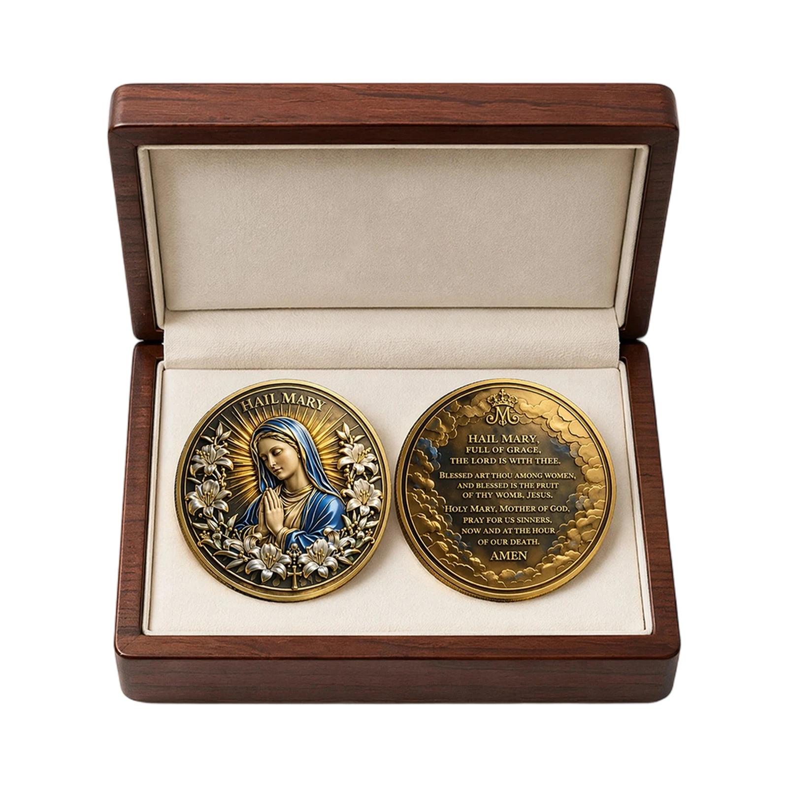 Holy Mary Prayer Coin, Catholic Challenge Medallion with Hail Mary Engraving Grace Mercy Hope Religious Token Inspirational Gift
