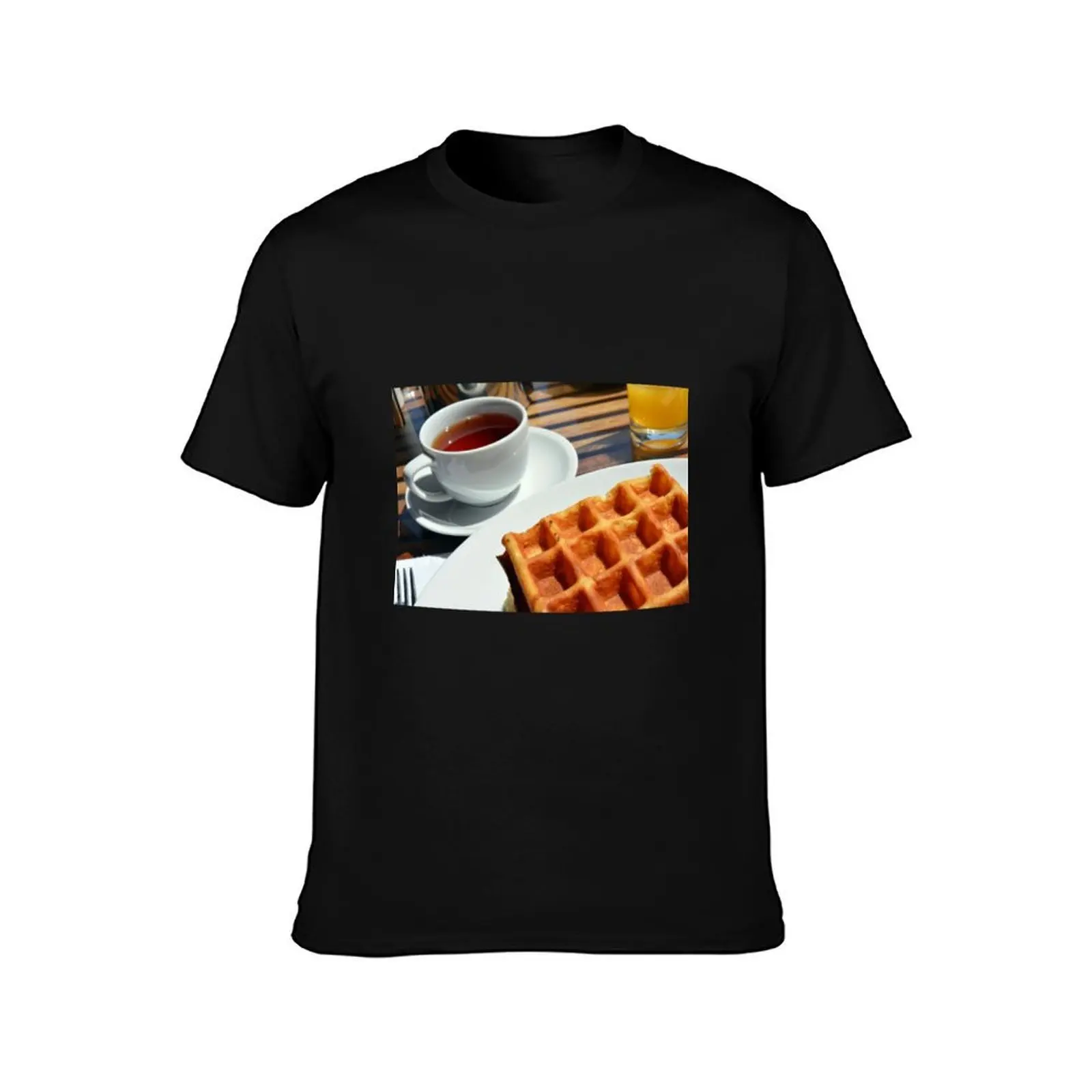 Breakfast or desert with waffle, a cup of tea and orange juice. T-Shirt Casual Daily Outfit T-Shirt